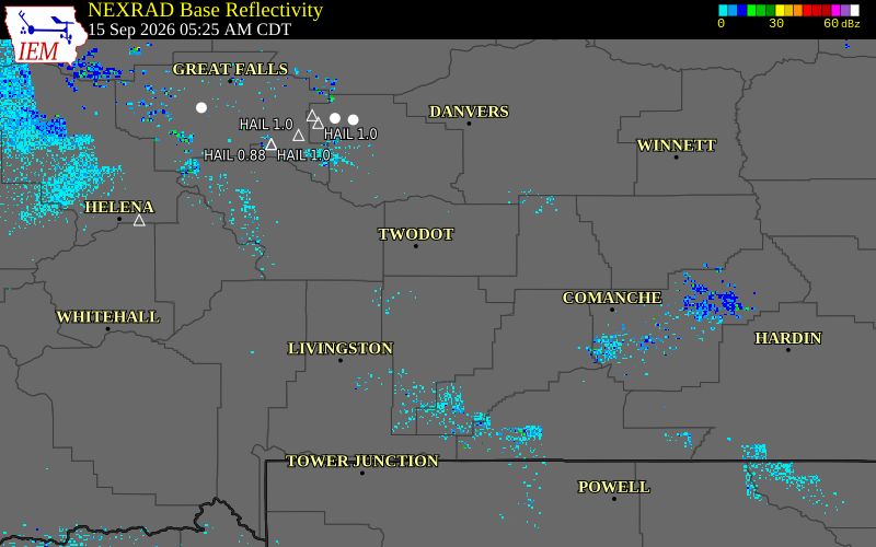 Current NEXRAD radar over Sweet Grass County, Montana with recent storm report locations