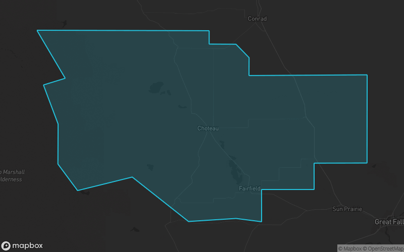 Map of Teton County, Montana showing the county boundary and surrounding cities
