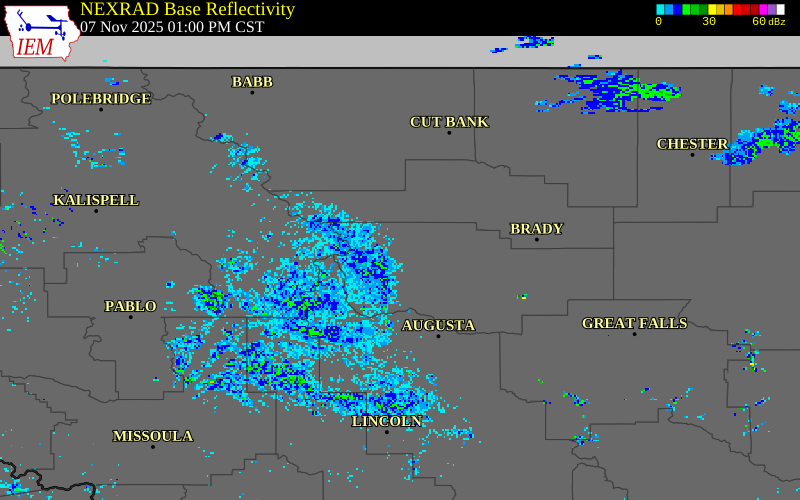 NEXRAD radar during the Friday, November 7, 2025 storm activity in Teton County, Montana