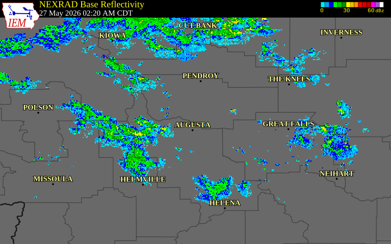 NEXRAD radar during the Wednesday, May 27, 2026 storm activity in Teton County, Montana