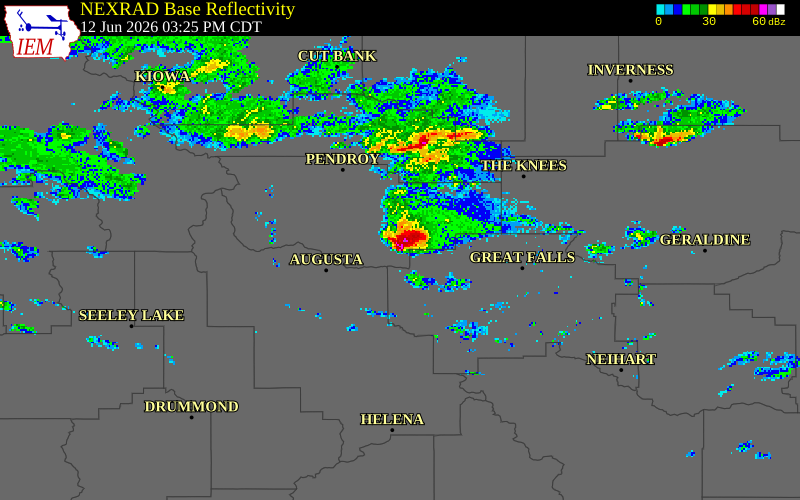 NEXRAD radar during the Friday, June 12, 2026 storm activity in Teton County, Montana