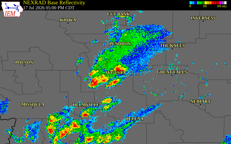 NEXRAD radar during the Friday, July 17, 2026 storm activity in Teton County, Montana
