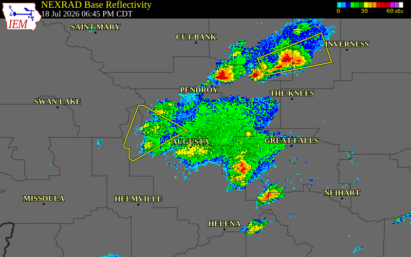NEXRAD radar during the Saturday, July 18, 2026 storm activity in Teton County, Montana