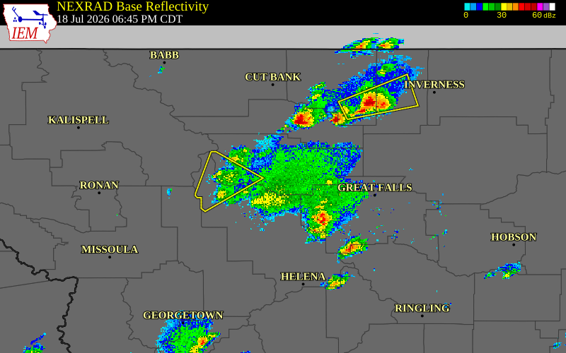 Radar snapshot during the Jul 18, 2026 wind event near 8 SSW Choteau, Teton County, Montana, with NWS warning polygons
