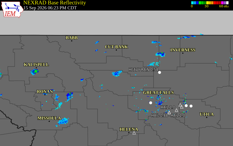Current NEXRAD radar over Teton County, Montana with recent storm report locations