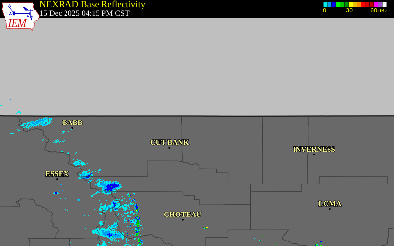NEXRAD radar during the Monday, December 15, 2025 storm activity in Toole County, Montana