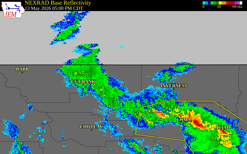 NEXRAD radar during the Wednesday, May 13, 2026 storm activity in Toole County, Montana