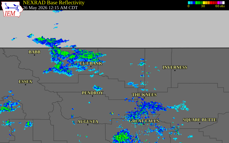NEXRAD radar during the Monday, May 25, 2026 storm activity in Toole County, Montana