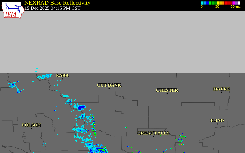 Radar snapshot during the Dec 15, 2025 wind event near 6 WNW Sunburst, Toole County, Montana, with NWS warning polygons