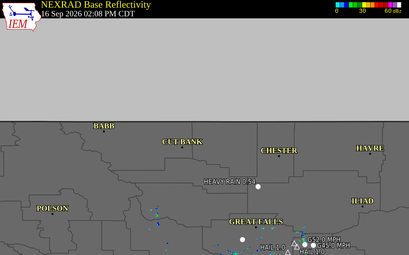 Current NEXRAD radar over Toole County, Montana with recent storm report locations