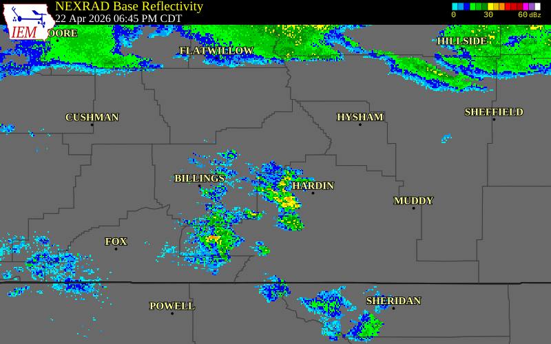 NEXRAD radar during the Wednesday, April 22, 2026 storm activity in Treasure County, Montana
