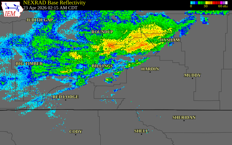 NEXRAD radar during the Thursday, April 23, 2026 storm activity in Treasure County, Montana