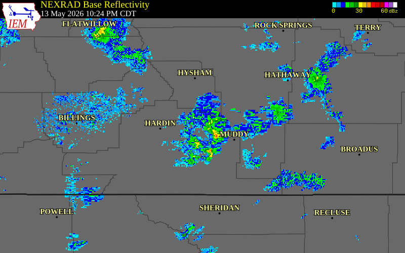 NEXRAD radar during the Wednesday, May 13, 2026 storm activity in Treasure County, Montana