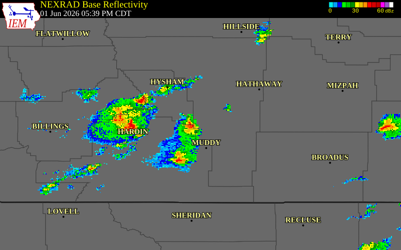 NEXRAD radar during the Monday, June 1, 2026 storm activity in Treasure County, Montana