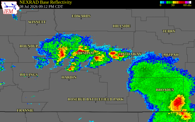 NEXRAD radar during the Wednesday, July 8, 2026 storm activity in Treasure County, Montana