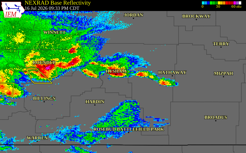 NEXRAD radar during the Thursday, July 16, 2026 storm activity in Treasure County, Montana