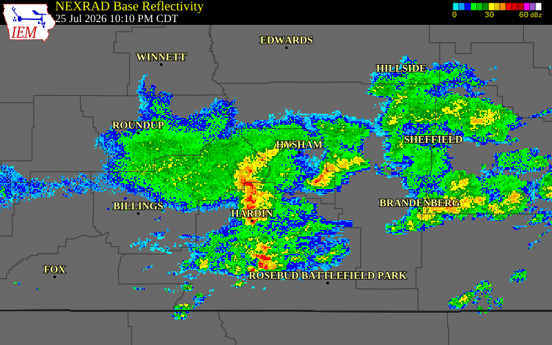 NEXRAD radar during the Saturday, July 25, 2026 storm activity in Treasure County, Montana