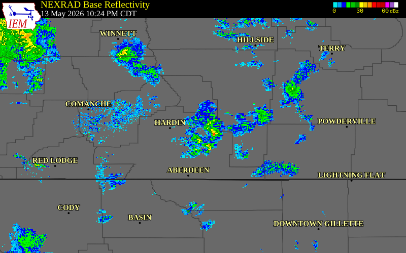 Radar snapshot during the May 13, 2026 wind event near Treasure County, Treasure County, Montana, with NWS warning polygons