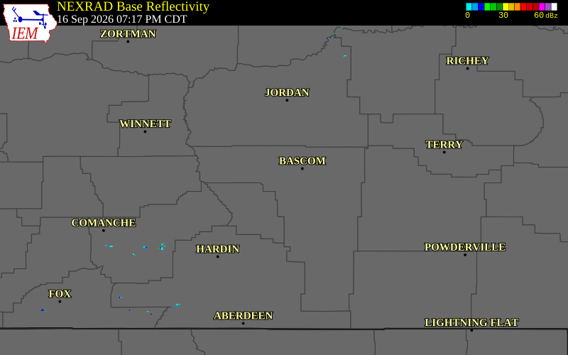 Current NEXRAD radar over Treasure County, Montana with recent storm report locations