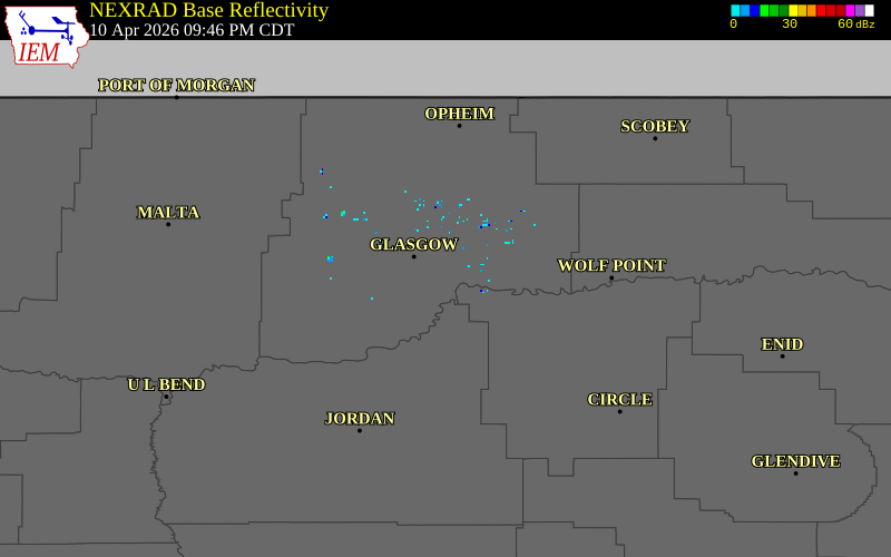 NEXRAD radar during the Friday, April 10, 2026 storm activity in Valley County, Montana
