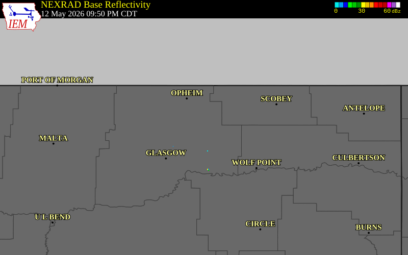 NEXRAD radar during the Tuesday, May 12, 2026 storm activity in Valley County, Montana