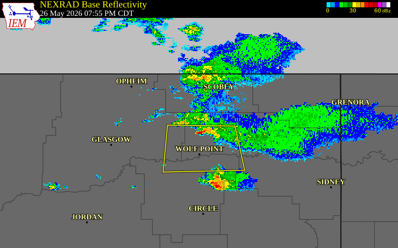 NEXRAD radar during the Tuesday, May 26, 2026 storm activity in Valley County, Montana