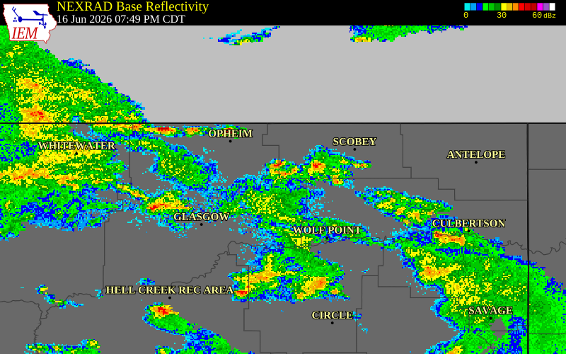 NEXRAD radar during the Tuesday, June 16, 2026 storm activity in Valley County, Montana
