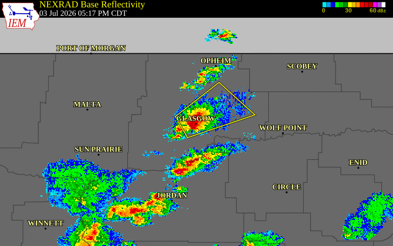 NEXRAD radar during the Friday, July 3, 2026 storm activity in Valley County, Montana