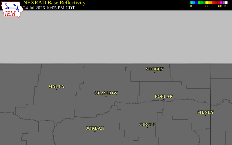 Radar snapshot during the Jul 24, 2026 wind event near 5 S Opheim, Valley County, Montana, with NWS warning polygons