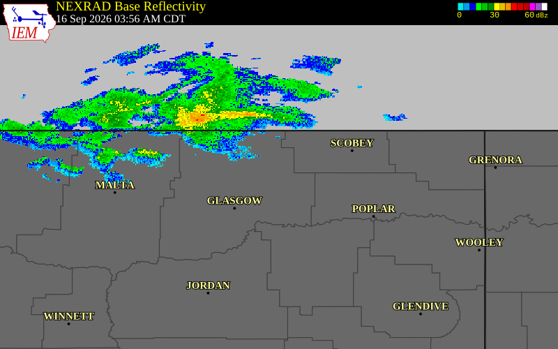 Current NEXRAD radar over Valley County, Montana with recent storm report locations