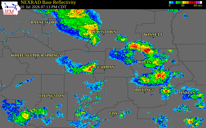 NEXRAD radar during the Wednesday, July 1, 2026 storm activity in Wheatland County, Montana