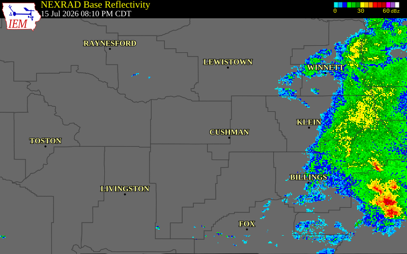 NEXRAD radar during the Wednesday, July 15, 2026 storm activity in Wheatland County, Montana