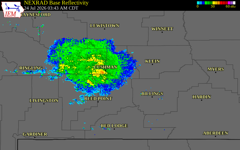 NEXRAD radar during the Friday, July 24, 2026 storm activity in Wheatland County, Montana