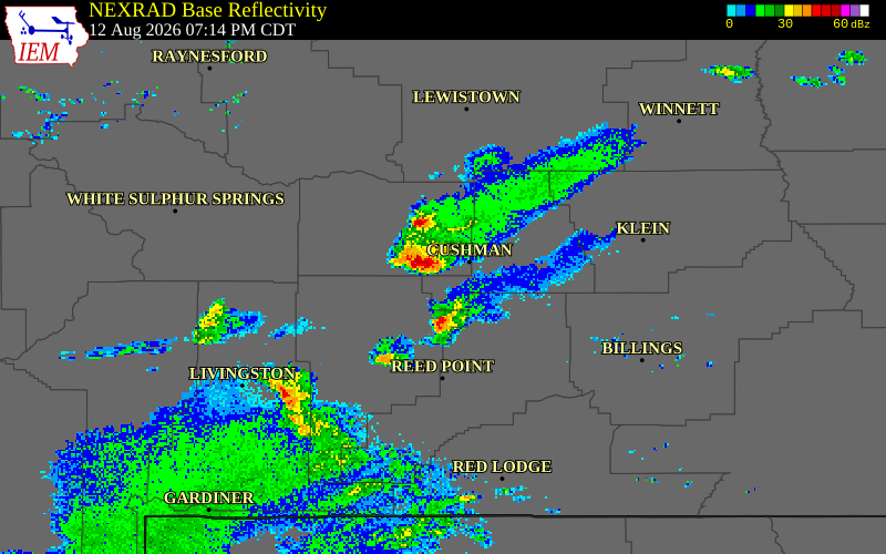 NEXRAD radar during the Wednesday, August 12, 2026 storm activity in Wheatland County, Montana