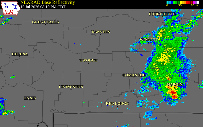 Radar snapshot during the Jul 15, 2026 wind event near 7 ESE Harlowton, Wheatland County, Montana, with NWS warning polygons