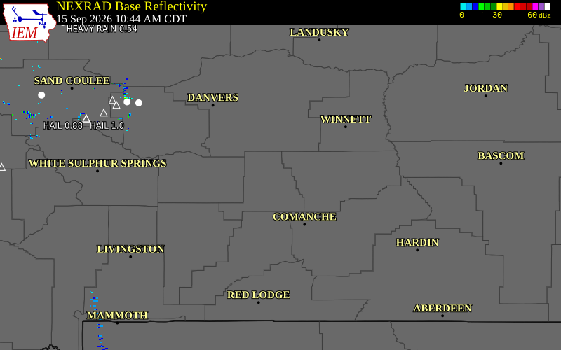 Current NEXRAD radar over Wheatland County, Montana with recent storm report locations