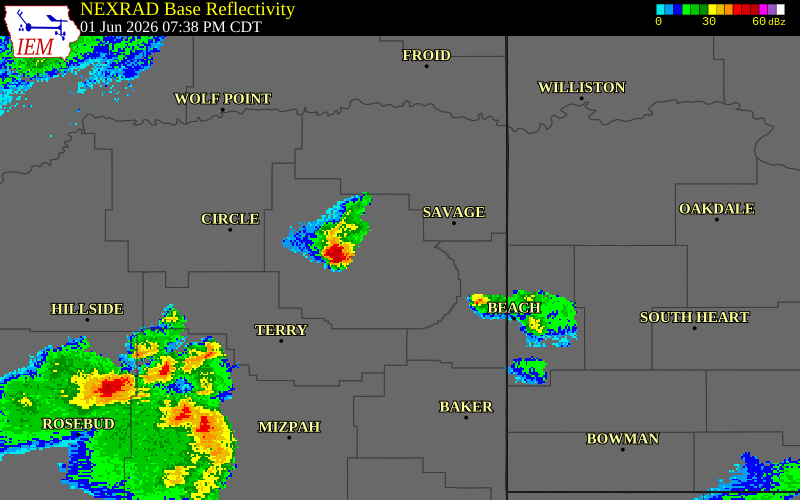 NEXRAD radar during the Monday, June 1, 2026 storm activity in Wibaux County, Montana