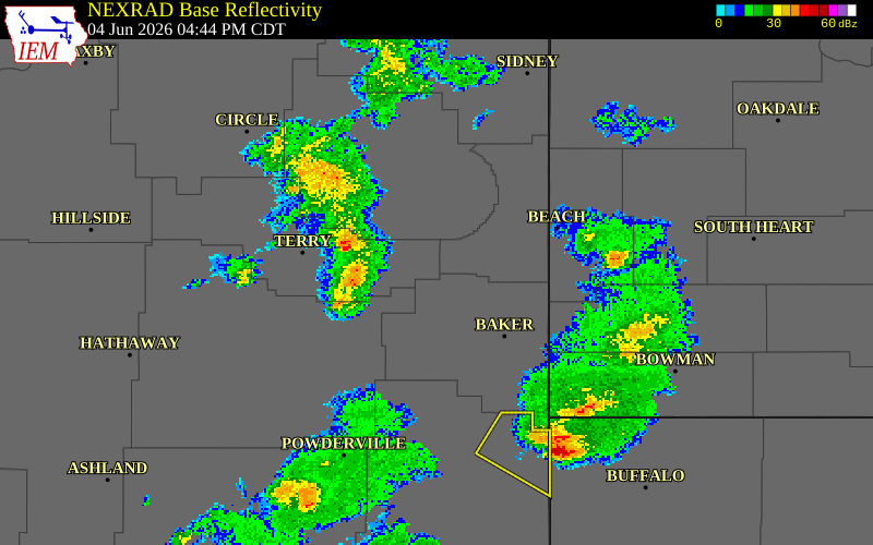 NEXRAD radar during the Thursday, June 4, 2026 storm activity in Wibaux County, Montana