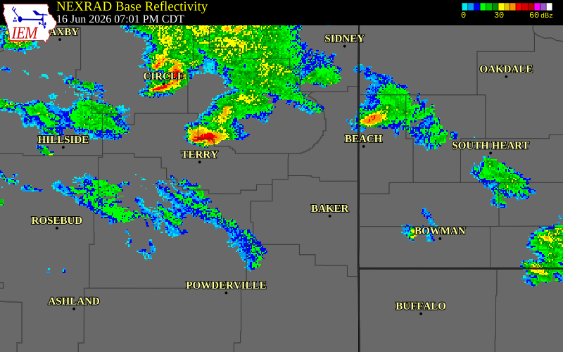 NEXRAD radar during the Tuesday, June 16, 2026 storm activity in Wibaux County, Montana
