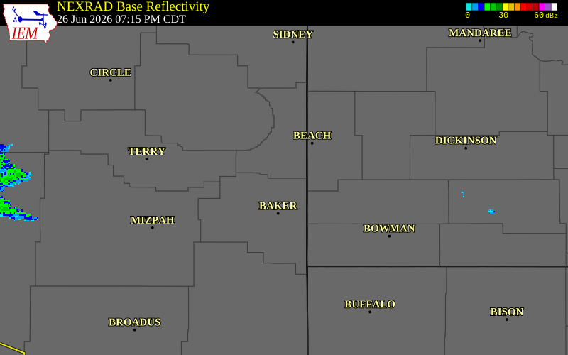 NEXRAD radar during the Friday, June 26, 2026 storm activity in Wibaux County, Montana