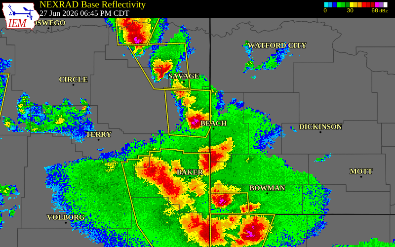 NEXRAD radar during the Saturday, June 27, 2026 storm activity in Wibaux County, Montana