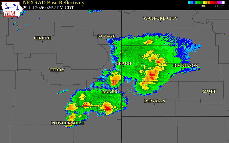 NEXRAD radar during the Wednesday, July 29, 2026 storm activity in Wibaux County, Montana