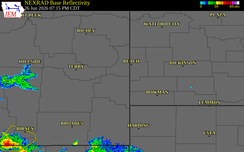 Radar snapshot during the Jun 26, 2026 wind event near 7 W Carlyle, Wibaux County, Montana, with NWS warning polygons