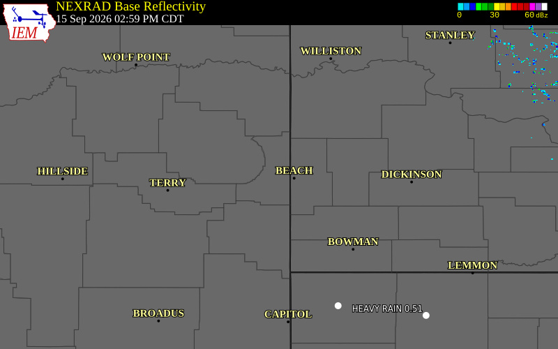 Current NEXRAD radar over Wibaux County, Montana with recent storm report locations