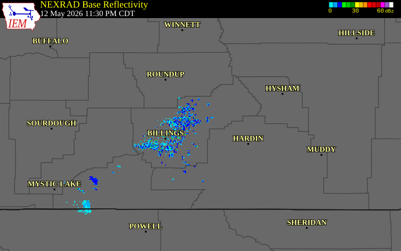 NEXRAD radar during the Tuesday, May 12, 2026 storm activity in Yellowstone County, Montana