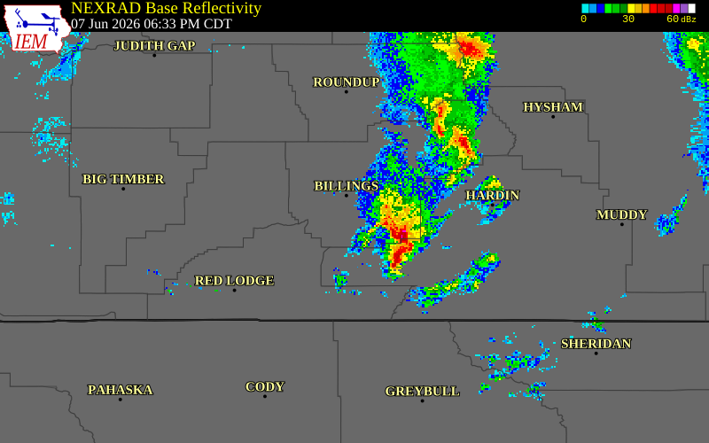 NEXRAD radar during the Sunday, June 7, 2026 storm activity in Yellowstone County, Montana