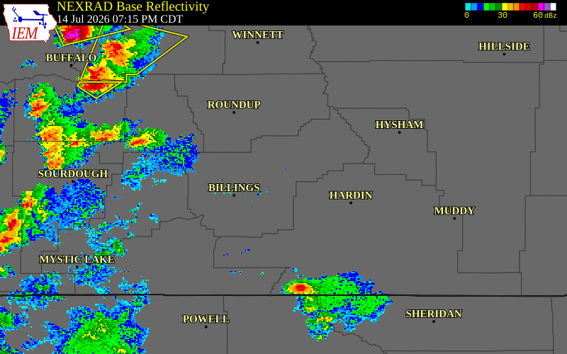 NEXRAD radar during the Tuesday, July 14, 2026 storm activity in Yellowstone County, Montana
