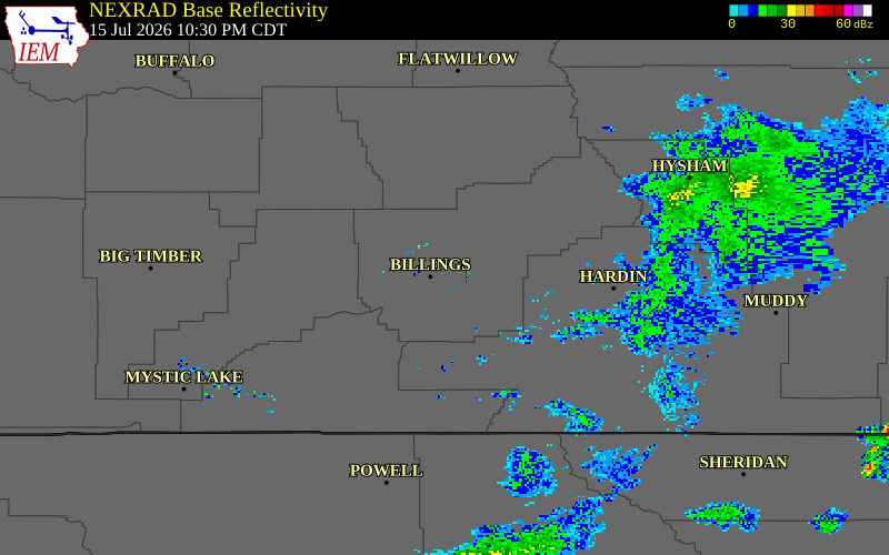 NEXRAD radar during the Wednesday, July 15, 2026 storm activity in Yellowstone County, Montana