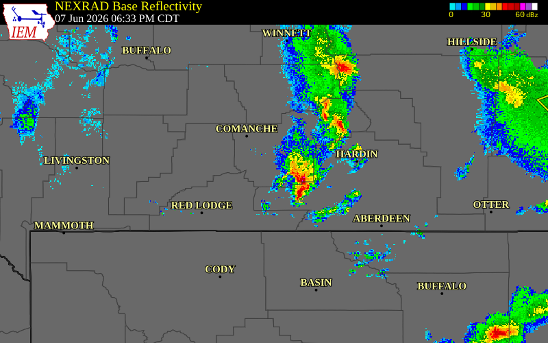 Radar snapshot during the Jun 7, 2026 wind event near 11 SSE Billings, Yellowstone County, Montana, with NWS warning polygons