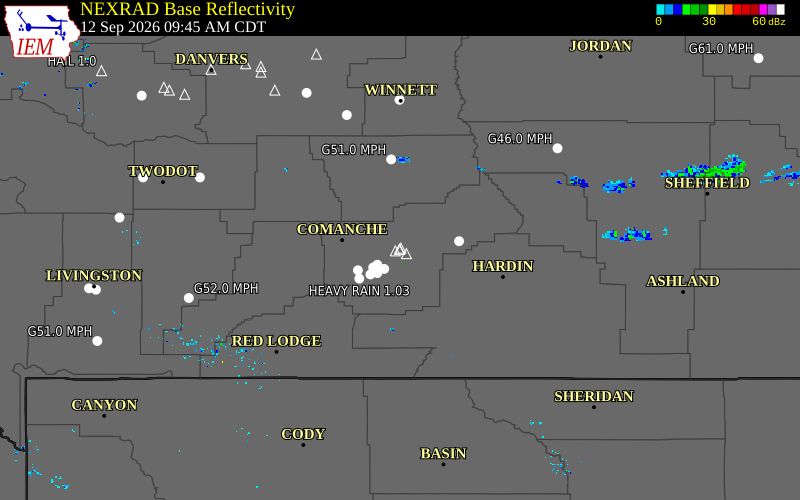 Current NEXRAD radar over Yellowstone County, Montana with recent storm report locations